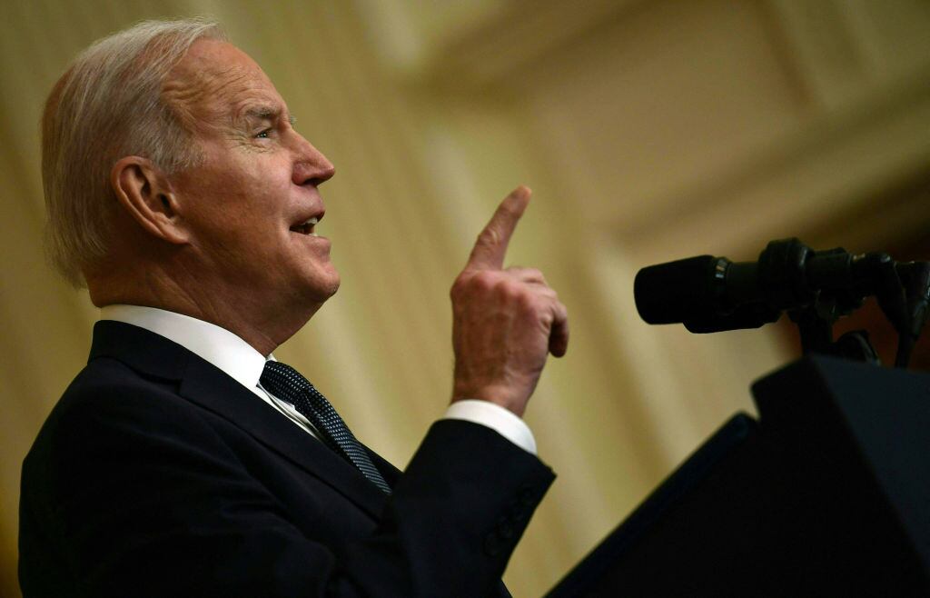 US President Joe Biden speaks about Russia and Ukraine in the East Room of the White House on February 15, 2022 in Washington, DC. (Photo by Brendan Smialowski / AFP) (Photo by BRENDAN SMIALOWSKI/AFP via Getty Images)