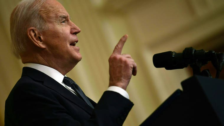 US President Joe Biden speaks about Russia and Ukraine in the East Room of the White House on February 15, 2022 in Washington, DC. (Photo by Brendan Smialowski / AFP) (Photo by BRENDAN SMIALOWSKI/AFP via Getty Images)