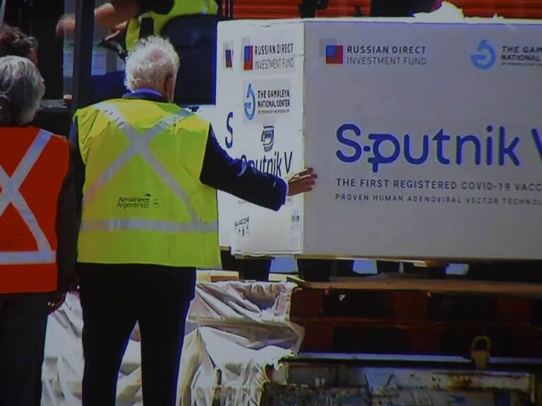 BUENOS AIRES, ARGENTINA - DECEMBER 24: TV image shows that 300 thousand doses of the Sputnik V vaccine arrive from Russia to Buenos Aires, Argentina, on December 24, 2020. (Photo by Mariano Gabriel Sanchez/Anadolu Agency via Getty Images)