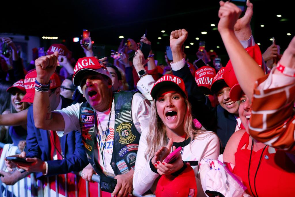 Seguidores republicanos festejan en la ciudad de West Palm Beach del estado de Florida el que Fox News proyecte el triunfo de Donald Trump en la presidencial