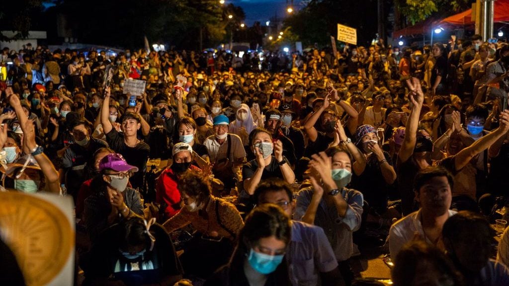 BANGKOK, THAILAND - SEPTEMBER 24:  Thai protestors rally outside of the Thai Parliament on September 24, 2020 in Bangkok, Thailand. Thousands of Anti-Government protestors and student activists rally at Thailand's Parliament where MP's were meant to vote on six proposed amendments to the constitution. This rally marks the latest in a string of anti-government protests that began in late July where students and anti-government protesters call for the reform and the complete dissolution of the military backed government including the removal of Prime Minister Prayut Chan-o-cha.  (Photo by Lauren DeCicca/Getty Images)