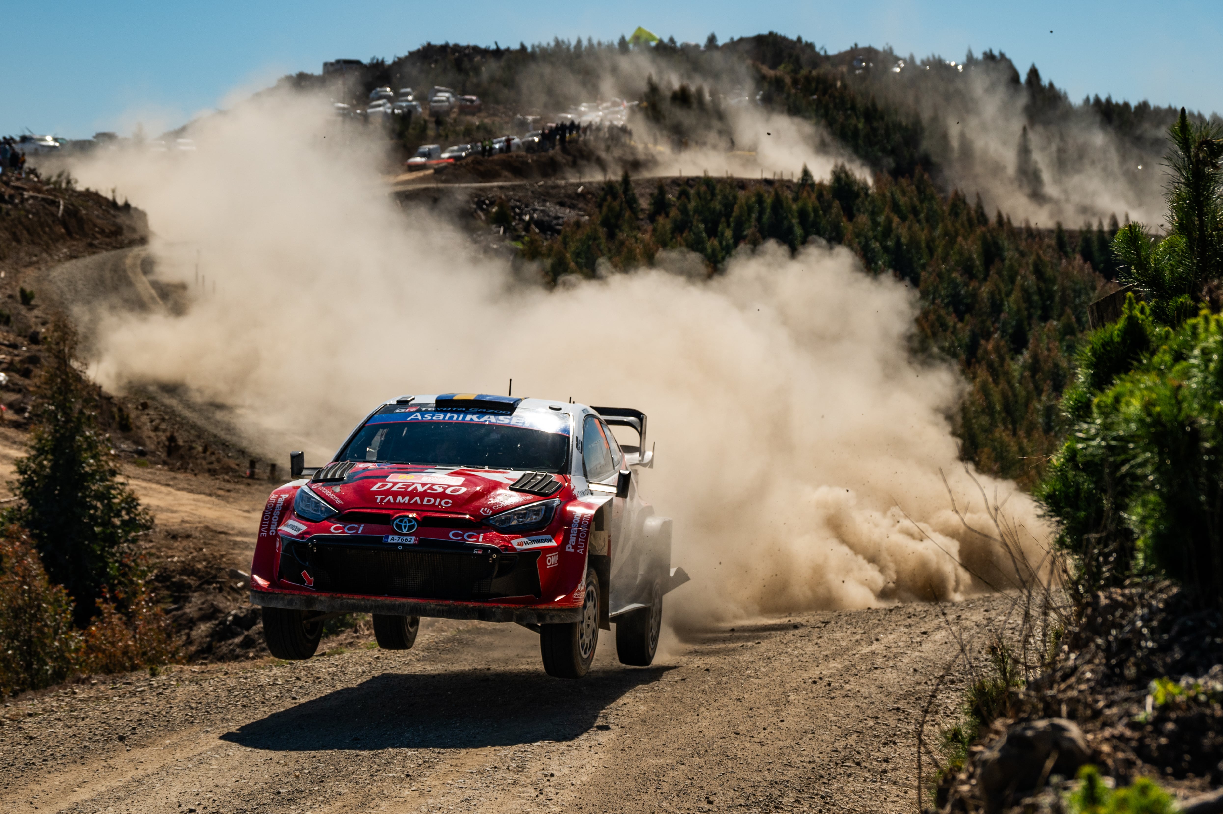 Driver Oliver Solberg and co-driver Elliott Edmondson of the Toyota Gazoo Racing WRT team drive the Toyota GR Yaris Rally1. (Photo by Luca Barsali/NurPhoto via Getty Images)