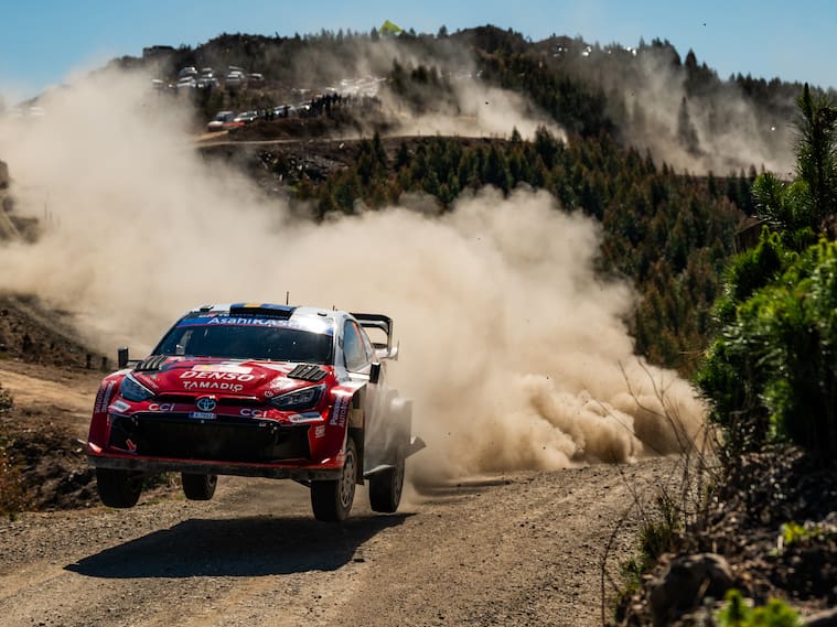 Driver Oliver Solberg and co-driver Elliott Edmondson of the Toyota Gazoo Racing WRT team drive the Toyota GR Yaris Rally1. (Photo by Luca Barsali/NurPhoto via Getty Images)