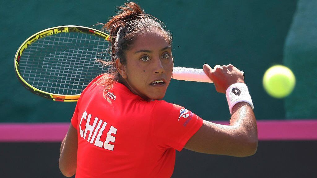 TOLUCA, MEXICO - FEBRUARY 08: Daniela Seguel of Chile takes a shot during the third day of the Tennis Fed Cup, American Zone Group 1 at Club Deportivo La Asuncion, on February 08, 2017 in Toluca, Mexico. (Photo by Jaime Lopez/Jam Media/Latin Content/Getty Images)