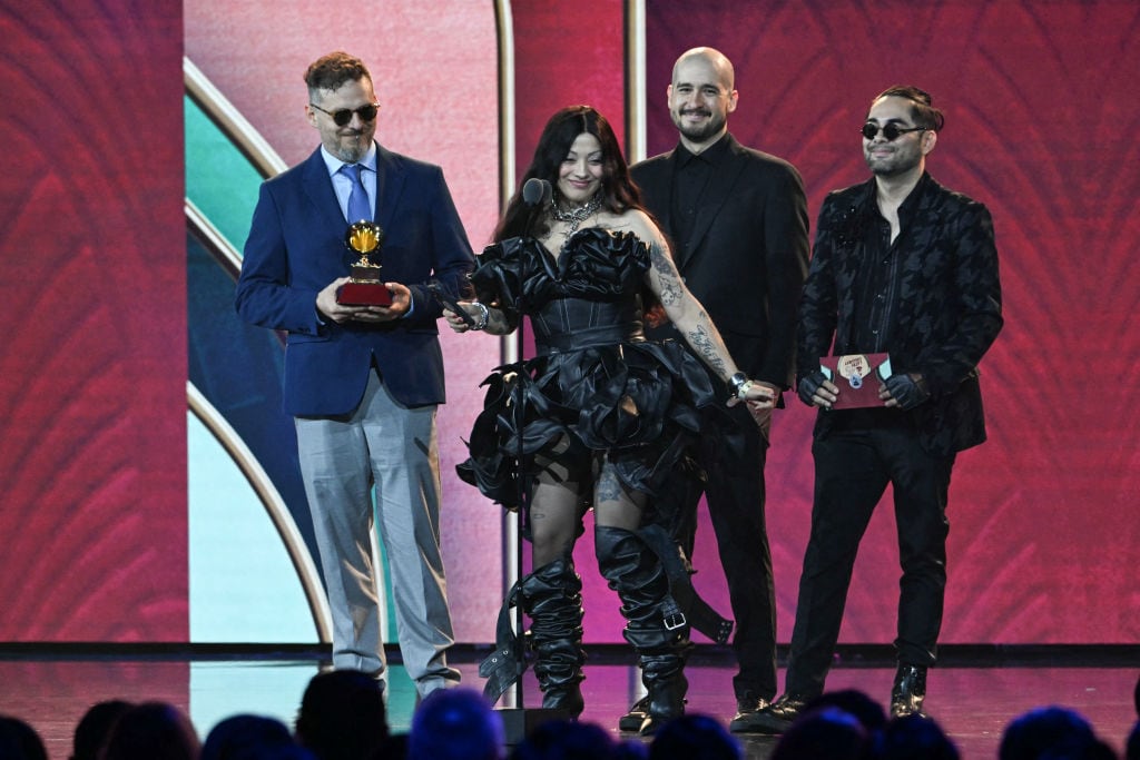 Mon Laferte accepts the award for Best Alternative Music Album for the album "Autopoiética" during the 25th Annual Latin Grammy Awards Premiere Ceremony at the Miami Beach Convention Center in Miami Beach, Florida, on November 14, 2024. (Photo by Chandan Khanna / AFP) (Photo by CHANDAN KHANNA/AFP via Getty Images)