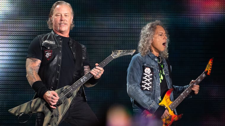 23 August 2019, Bavaria, Munich: James Hetfield (l), front singer of the US metal band Metallica, and Kirk Hammett, guitarist, are on stage in the Olympic Stadium. The band performs as part of their "World-Wired-Tour". Photo: Sven Hoppe/dpa (Photo by Sven Hoppe/picture alliance via Getty Images)