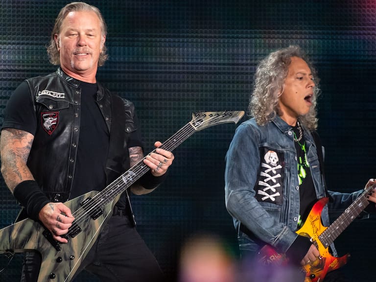 23 August 2019, Bavaria, Munich: James Hetfield (l), front singer of the US metal band Metallica, and Kirk Hammett, guitarist, are on stage in the Olympic Stadium. The band performs as part of their &quot;World-Wired-Tour&quot;. Photo: Sven Hoppe/dpa (Photo by Sven Hoppe/picture alliance via Getty Images)
