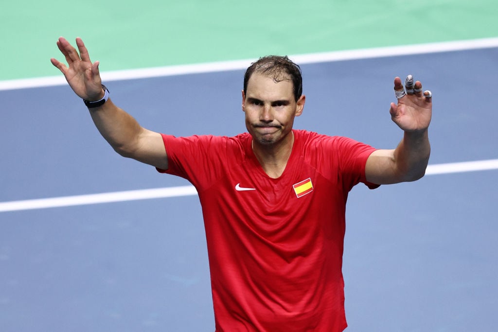 MALAGA, SPAIN - NOVEMBER 19: Rafael Nadal of Team Spain waves to the fans after loosing his singles match against Botic van de Zandschulp of Team Netherlands in the quarterfinal tie between Netherlands and Spain during the Davis Cup Finals at Palacio de Deportes Jose Maria Martin Carpena on November 19, 2024 in Malaga, Spain. (Photo by Matt McNulty/Getty Images for ITF)