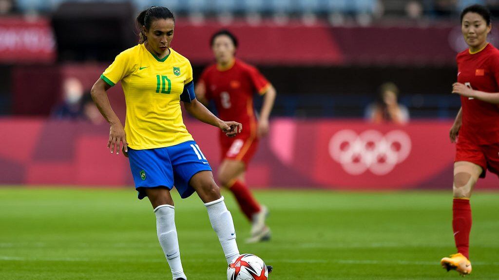 RIFU, JAPAN - JULY 21: Marta of Brazil during the Tokyo 2020 Olympic Football Tournament match between China and Brazil at Miyagi Stadium on July 21, 2021 in Rifu, Japan (Photo by Pablo Morano/BSR Agency/Getty Images)