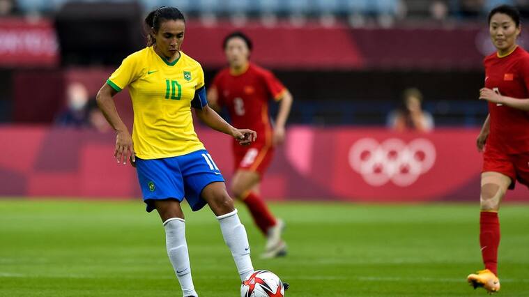 RIFU, JAPAN - JULY 21: Marta of Brazil during the Tokyo 2020 Olympic Football Tournament match between China and Brazil at Miyagi Stadium on July 21, 2021 in Rifu, Japan (Photo by Pablo Morano/BSR Agency/Getty Images)