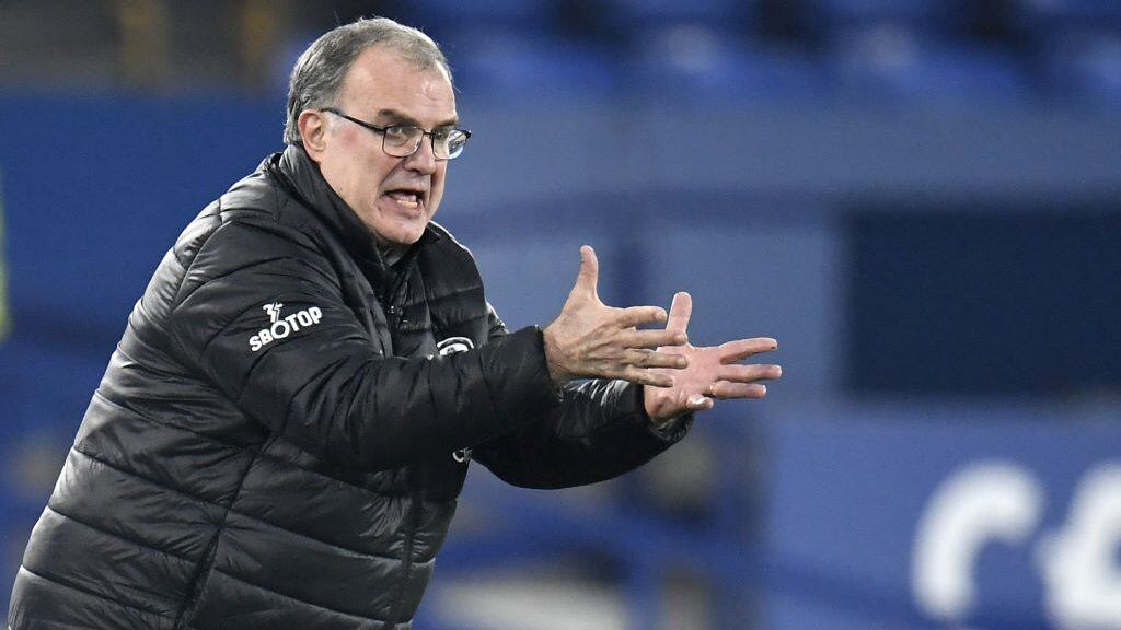Leeds United manager Marcelo Bielsa gestures on the touchline during the Premier League match at Goodison Park, Liverpool. (Photo by Peter Powell/PA Images via Getty Images)