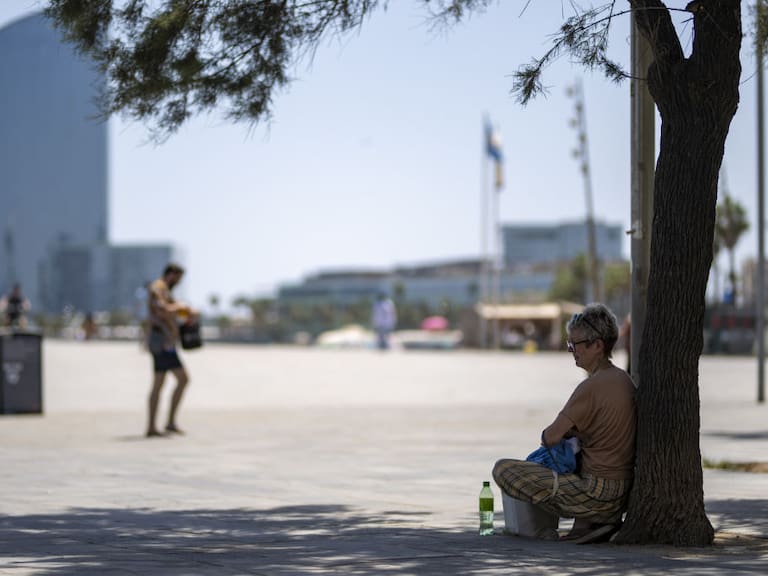 Una mujer se resguarda del Sol bajo un árbol en la ciudad de Barcelona en España.