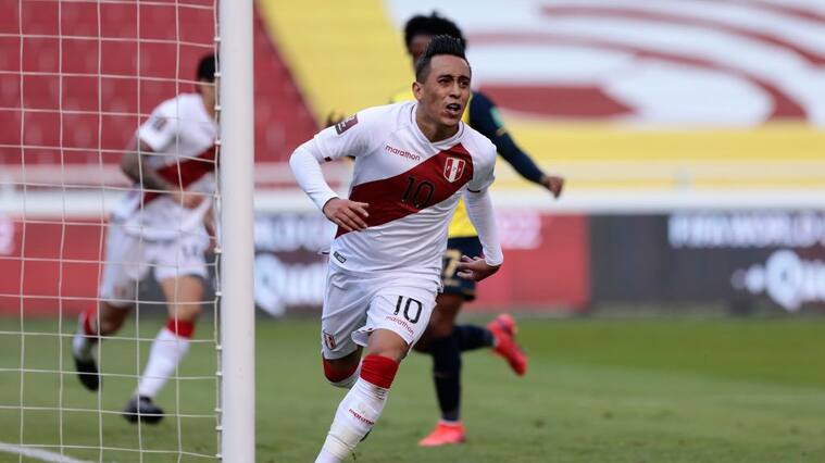 QUITO, ECUADOR - JUNE 08: Christian Cueva of Peru celebrates after scoring the first goal of his team during a match between Ecuador and Peru as part of South American Qualifiers for Qatar 2022 at Rodrigo Paz Delgado Stadium on June 08, 2021 in Quito, Ecuador. (Photo by Franklin Jacome/Getty Images)
