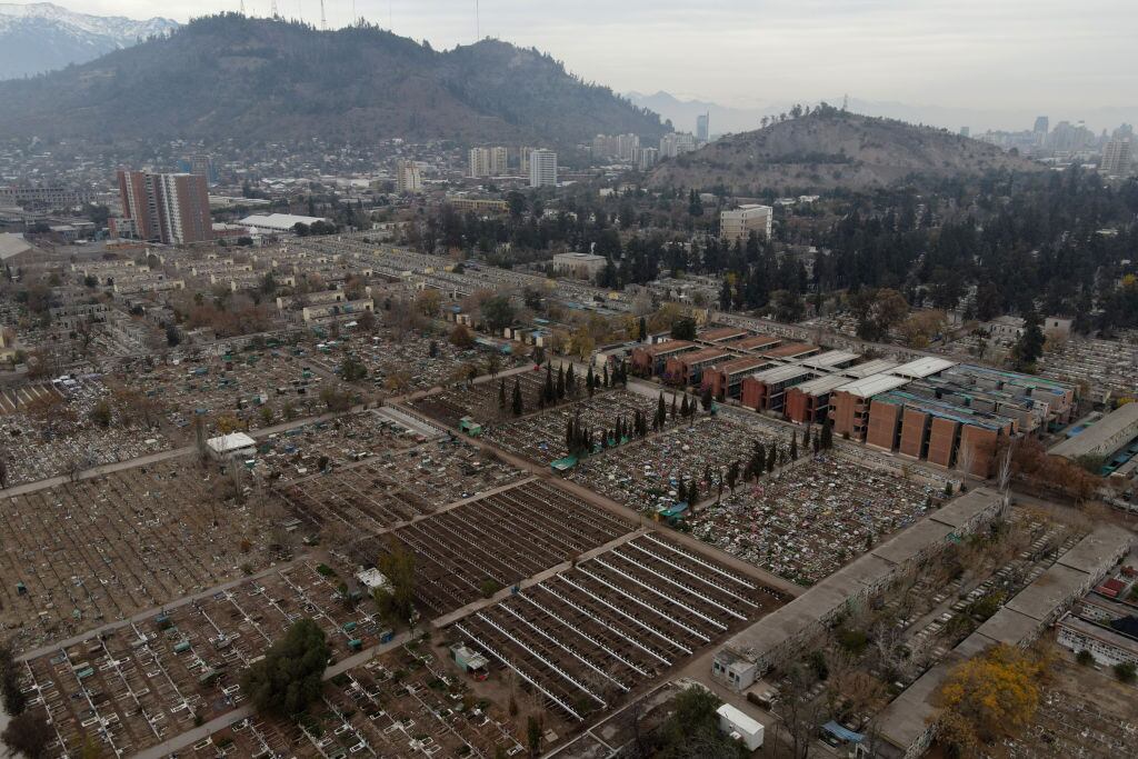 SANTIAGO, CHILE - JUNE 16: Aerial view of General Cementery on June 16, 2020 in Santiago, Chile. On Monday, President Piñera extended the State of Catastrophe for 90 days to better control the outbreak of COVID-19 in the country. (Photo by Marcelo Hernandez/Getty Images)