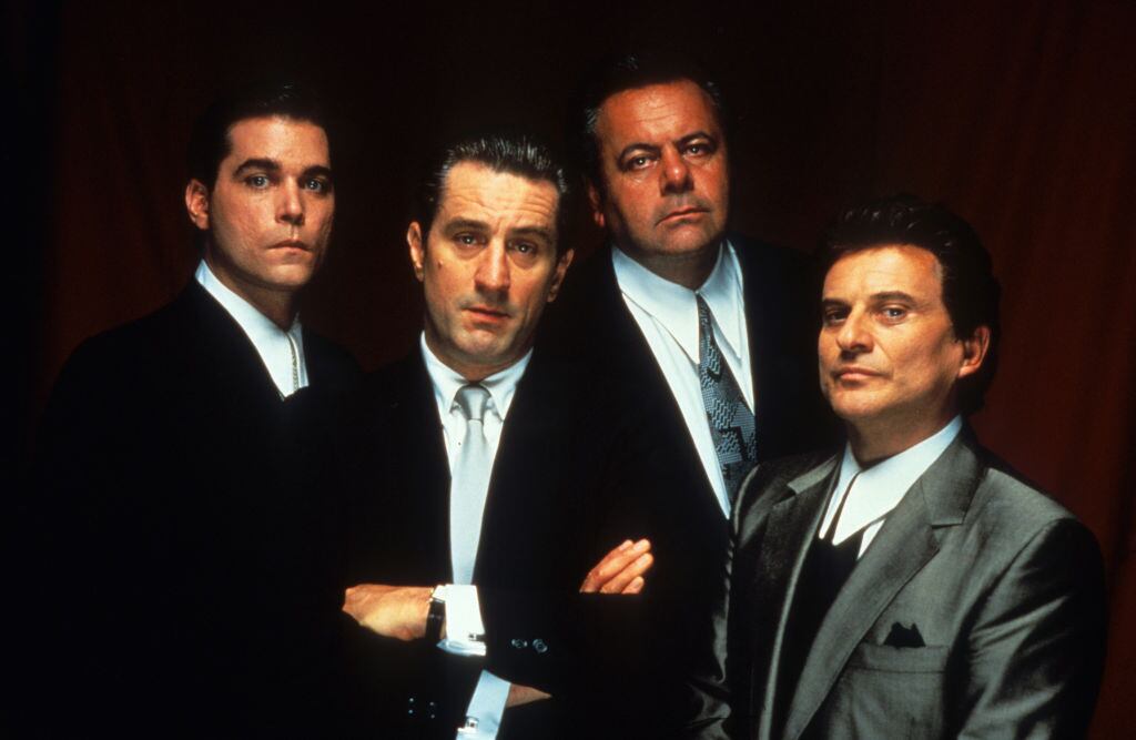 Ray Liotta, Robert De Niro, Paul Sorvino y Joe Pesci en la promoción de Goodfellas (1990). Getty Images