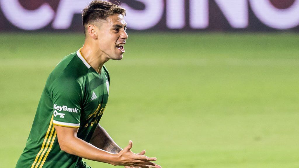CARSON, CA - OCTOBER 7: Felipe Mora #9 of Portland Timbers celebrates his goal against the Los Angeles Galaxy at the Dignity Health Sports Park on October 7, 2020 in Carson, California. Portland Timbers won the match 6-3 (Photo by Shaun Clark/Getty Images)