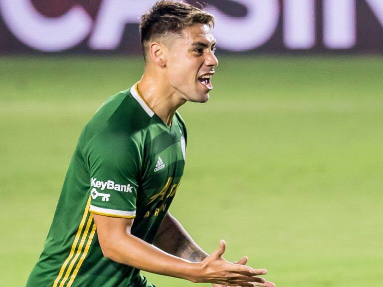 CARSON, CA - OCTOBER 7: Felipe Mora #9 of Portland Timbers celebrates his goal against the Los Angeles Galaxy at the Dignity Health Sports Park on October 7, 2020 in Carson, California. Portland Timbers won the match 6-3 (Photo by Shaun Clark/Getty Images)
