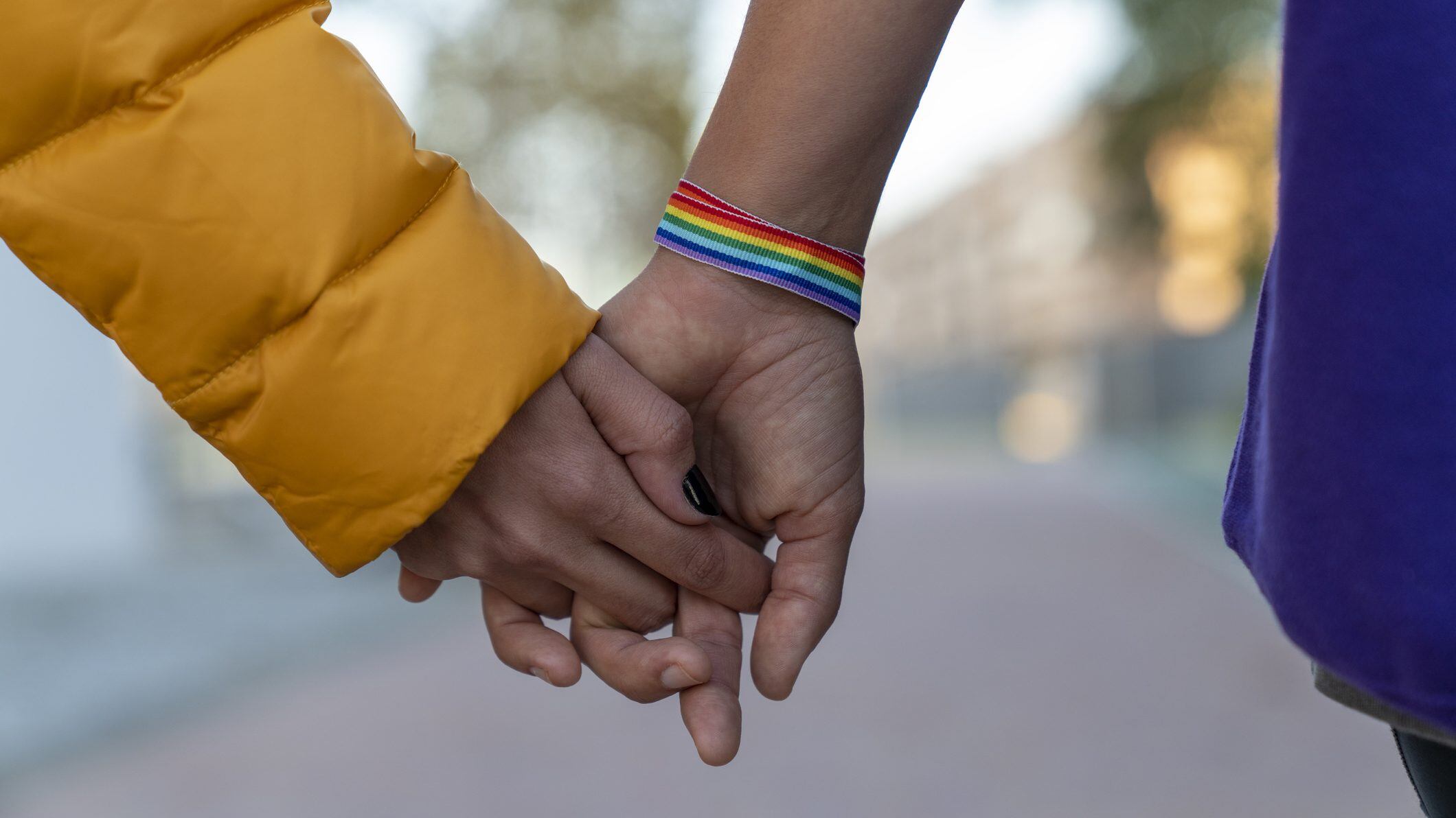 Close-up of two lesbian couple holding hands in a park