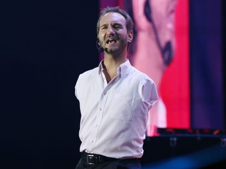 MOSCOW, RUSSIA NOVEMBER 27, 2017: Nick Vujicic, an Australian motivational speaker born with tetra-amelia syndrome, at the Synergy Global Forum at Moscow's Olimpiysky Arena. Anton Novoderezhkin/TASS (Photo by Anton NovoderezhkinTASS via Getty Images)