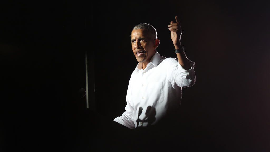 MIAMI, FLORIDA - NOVEMBER 02: Former President Barack Obama speaks in support of Democratic presidential nominee Joe Biden during a drive-in rally at the Florida International University on November 02, 2020 in Miami, Florida. Mr. Obama is campaigning for his former Vice President before the Nov. 3rd election (Photo by Joe Raedle/Getty Images)