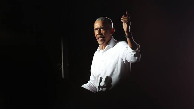 MIAMI, FLORIDA - NOVEMBER 02: Former President Barack Obama speaks in support of Democratic presidential nominee Joe Biden during a drive-in rally at the Florida International University on November 02, 2020 in Miami, Florida. Mr. Obama is campaigning for his former Vice President before the Nov. 3rd election (Photo by Joe Raedle/Getty Images)
