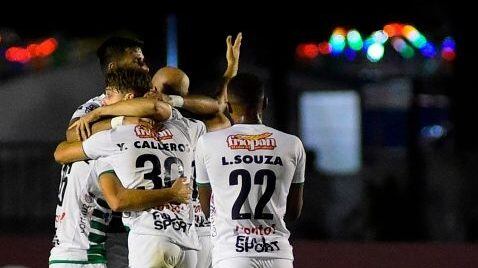 Uruguay's Plaza Colonia players celebrate during their Copa Sudamericana football match against Venezuela's Zamora, at Alberto Suppici Stadium in Colonia del Sacramento, Uruguay, on February 27, 2020. (Photo by Dante Fernandez / AFP) (Photo by DANTE FERNANDEZ/AFP via Getty Images)