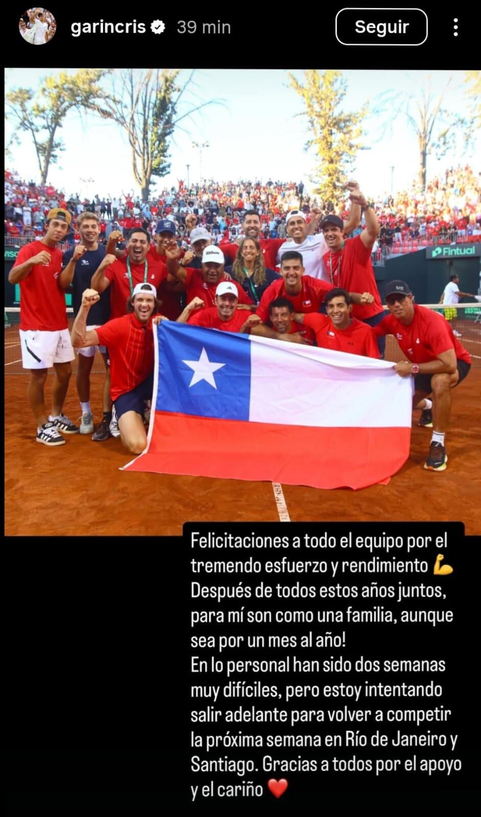 Historia de Instagram de Cristian Garin.