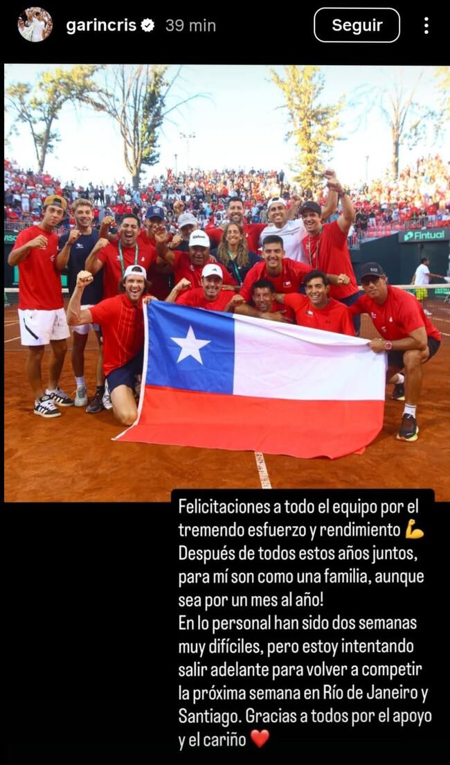 Historia de Instagram de Cristian Garin.