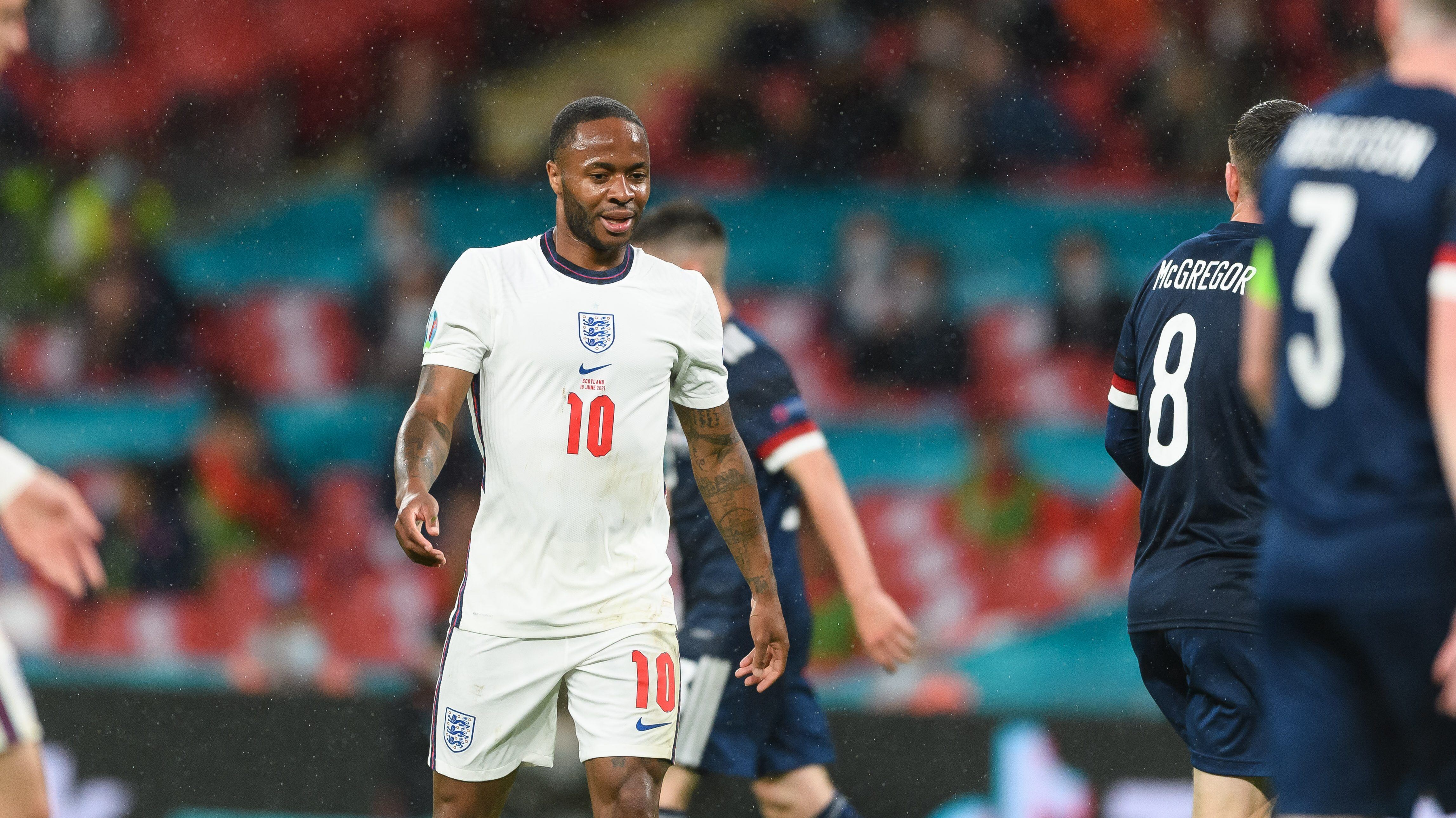 LONDON, ENGLAND - JUNE 18: (BILD ZEITUNG OUT) Raheem Sterling of England looks on during the UEFA Euro 2020 Championship Group D match between England and Scotland at Wembley Stadium on June 18, 2021 in London, United Kingdom. (Photo by Vincent Mignott/DeFodi Images via Getty Images)
