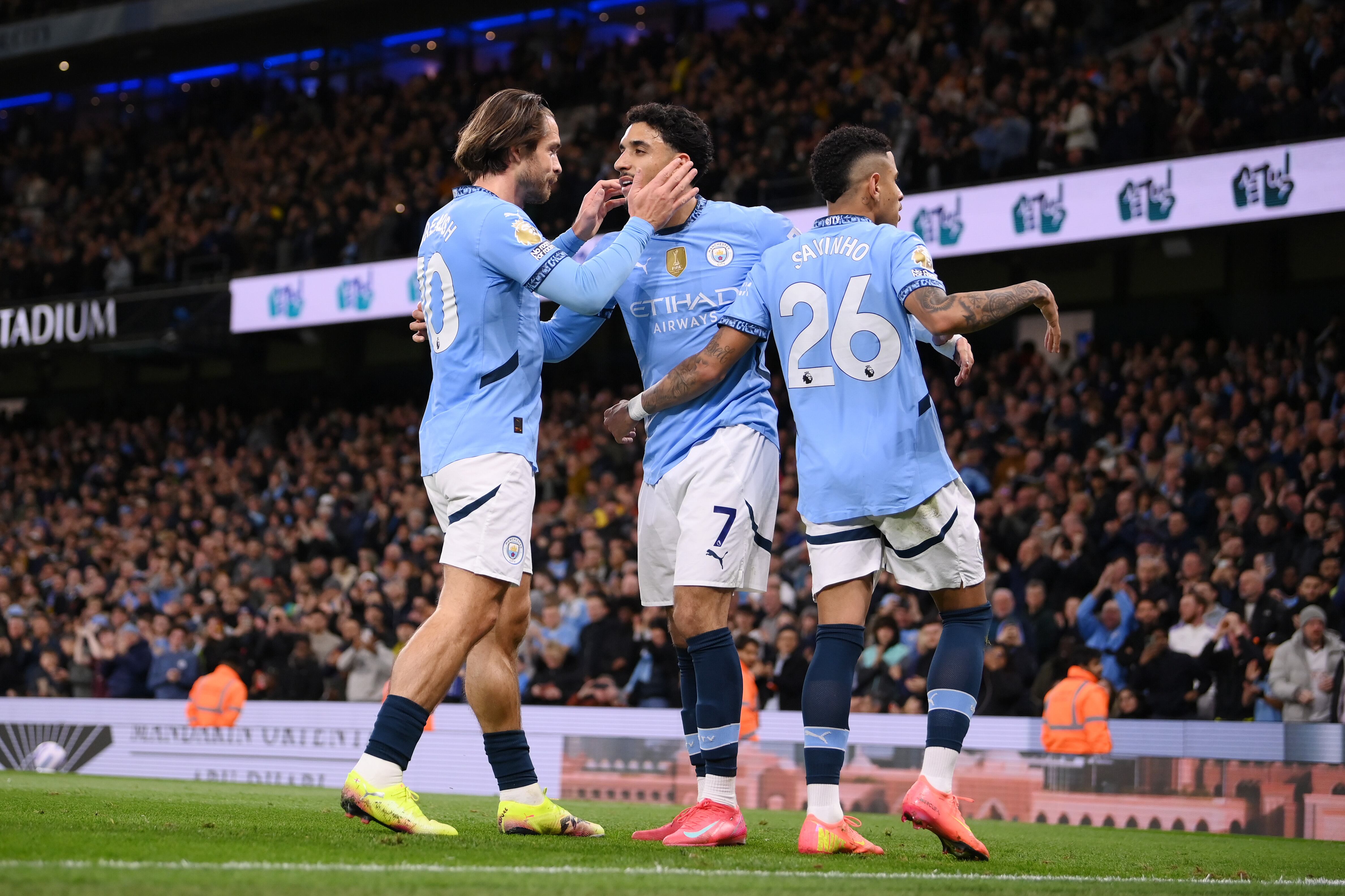 MANCHESTER, ENGLAND - APRIL 2: Manchester City's Omar Marmoush celebrates scoring his teams second goal during the Premier League match between Manchester City FC and Leicester City FC at Etihad Stadium on April 2, 2025 in Manchester, England. (Photo by Copa/Getty Images)