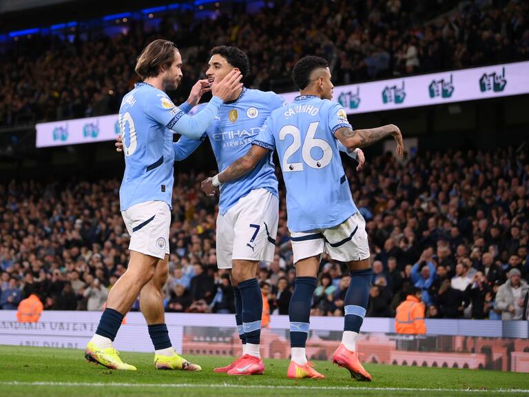MANCHESTER, ENGLAND - APRIL 2: Manchester City's Omar Marmoush celebrates scoring his teams second goal during the Premier League match between Manchester City FC and Leicester City FC at Etihad Stadium on April 2, 2025 in Manchester, England. (Photo by Copa/Getty Images)