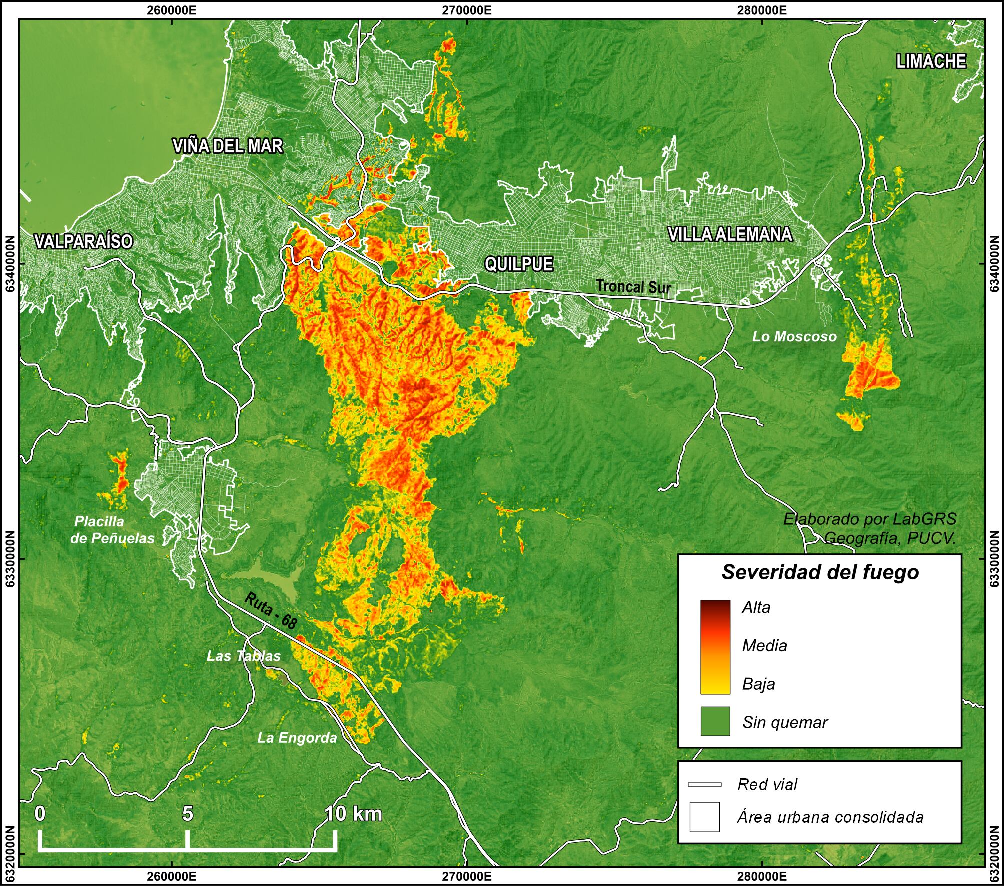 Mapa de severidad del Incendio estimado a partir del cálculo del índice dNBR usando las imágenes Landsat pre y post incendio