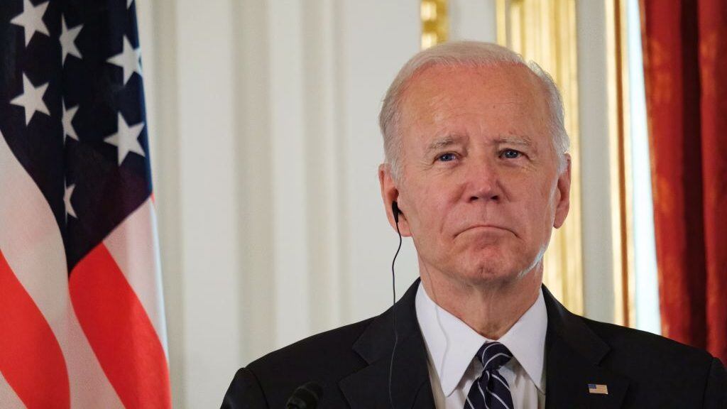 TOKYO, JAPAN - MAY 23 : (----EDITORIAL USE ONLY - MANDATORY CREDIT - "NICOLAS DATICHE /SIPA PRESS / POOL" - NO MARKETING NO ADVERTISING CAMPAIGNS - DISTRIBUTED AS A SERVICE TO CLIENTS----) U.S. President Joe Biden and Japanese Prime Minister Fumio Kishida (not seen) hold a joint press conference at the Akasaka Palace state guest house in Tokyo, Japan on May 23, 2022. (Photo by Nicolas Datiche / Sipa Press / Pool/Anadolu Agency via Getty Images)
