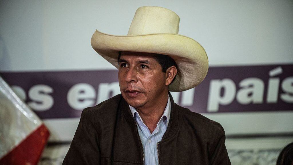 Peru's leftist presidential candidate Pedro Castillo, of the Peru Libre party, speaks during a press conference with the foreign press association at his party's headquarters in Lima on June 15, 2021. - Castillo, narrowly leading in the vote count, rejected calls from the right-wing camp for elections held nine days ago to be annulled. "The calls continue for an election to be annulled," Castillo told foreign journalists, adding: "we are patiently awaiting a result" even as his rival Keiko Fujimori has claimed fraud and members of her entourage have called for new elections to be held. (Photo by Ernesto BENAVIDES / AFP) (Photo by ERNESTO BENAVIDES/AFP via Getty Images)