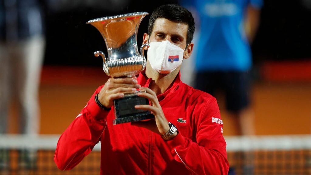 ROME, ITALY - SEPTEMBER 21: Novak Djokovic of Serbia lifts the trophy after winning his men's final match against Diego Schwartzman of Argentina during day eight of the Internazionali BNL d'Italia at Foro Italico on September 21, 2020 in Rome, Italy. (Photo by Clive Brunskill/Getty Images)