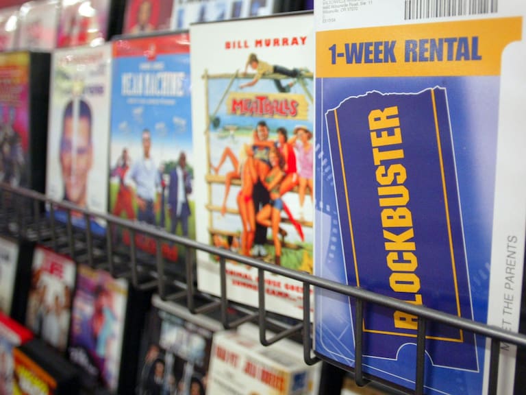 PORTLAND, OR - NOVEMBER 11: A rental m ovie sits on a shelf at a Blockbuster Video on November 11, 2004 in Wilsonville, Oregon. Blockbuster Inc., offered to buy Hollywood Video today at a price of about $1 billion. (Photo by Craig Mitchelldyer/Getty Images)