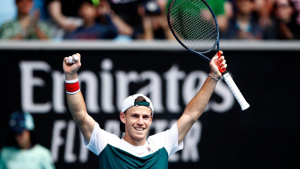 MELBOURNE, AUSTRALIA - JANUARY 24: Diego Schwartzman of Argentina celebrates after winning match point during his Men's Singles third round match against Dusan Lajovic of Serbia on day five of the 2020 Australian Open at Melbourne Park on January 24, 2020 in Melbourne, Australia. (Photo by Daniel Pockett/Getty Images)
