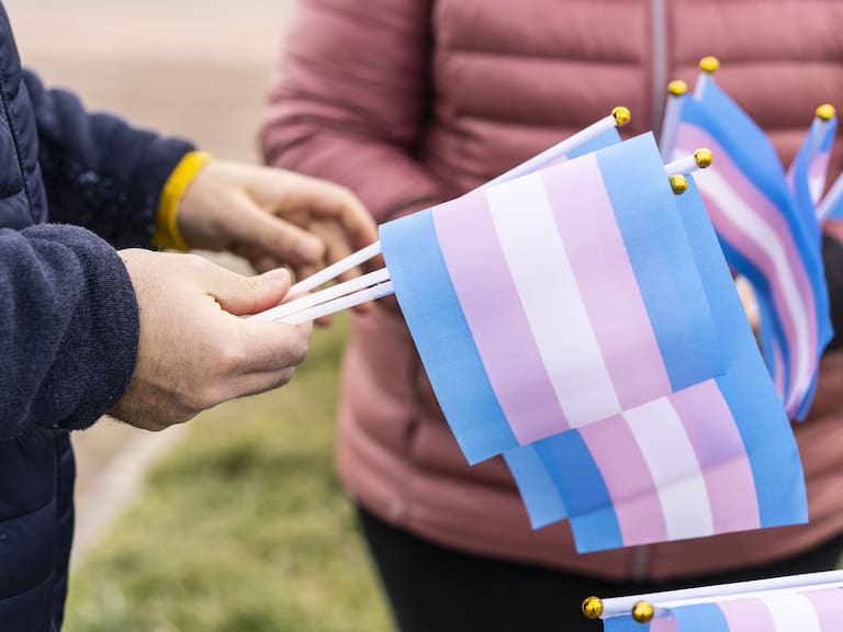 Different people counting thier transgender flags in preparation for a demonstration