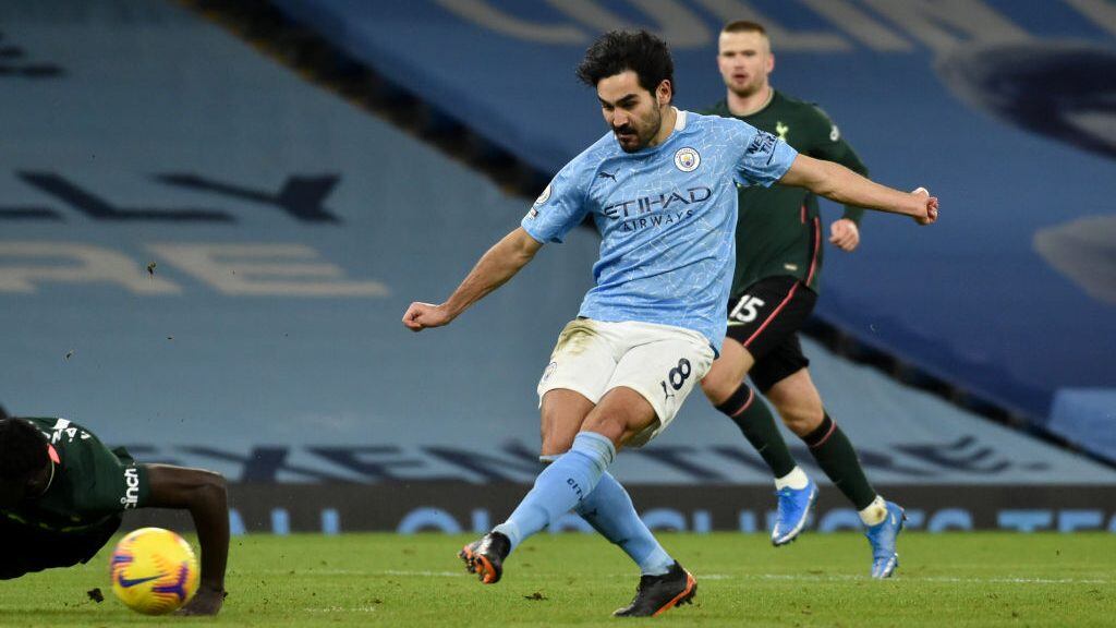 Manchester City's Ilkay Gundogan scores their third goal of the game during the Premier League match at the Etihad Stadium, Manchester. Picture date: Saturday February 13, 2021. (Photo by Rui Vieira/PA Images via Getty Images)