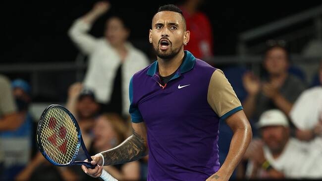 MELBOURNE, AUSTRALIA - FEBRUARY 10: Nick Kyrgios of Australia celebrates after winning the second set in his Men's Singles second round match against Ugo Humbert of France during day three of the 2021 Australian Open at Melbourne Park on February 10, 2021 in Melbourne, Australia. (Photo by Darrian Traynor/Getty Images)