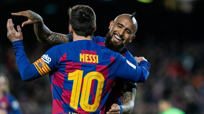 BARCELONA, SPAIN - JANUARY 30: Lionel Messi of FC Barcelona celebrates a goal with Arturo Vidal Spanish Cup, Copa del Rey, football match played between FC Barcelona and CD Leganes at Camp Nou stadium on January 30, 2020 in Barcelona, Spain. (Photo by Marc Gonzalez / AFP7 / Europa Press Sports via Getty Images)