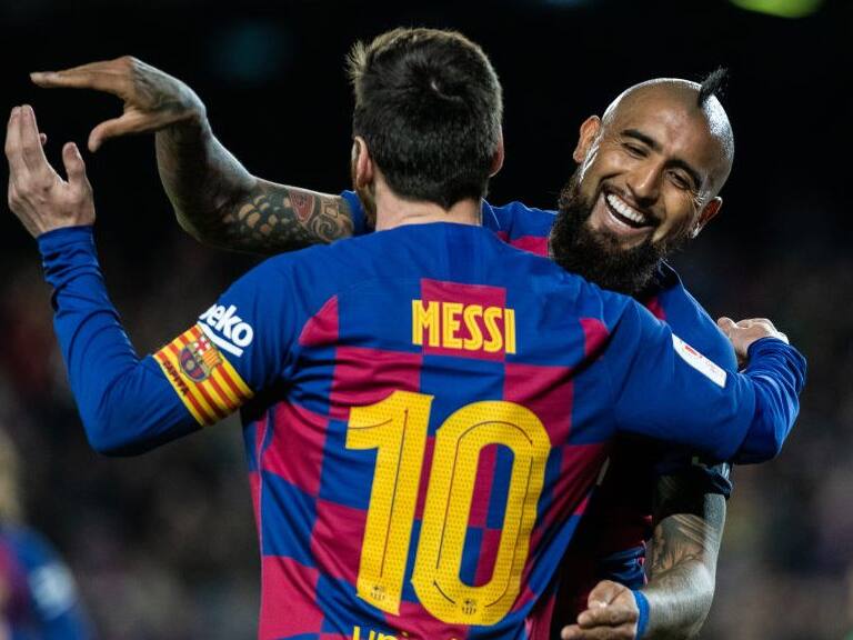BARCELONA, SPAIN - JANUARY 30: Lionel Messi of FC Barcelona celebrates a goal with Arturo Vidal Spanish Cup, Copa del Rey, football match played between FC Barcelona and CD Leganes at Camp Nou stadium on January 30, 2020 in Barcelona, Spain. (Photo by Marc Gonzalez / AFP7 / Europa Press Sports via Getty Images)