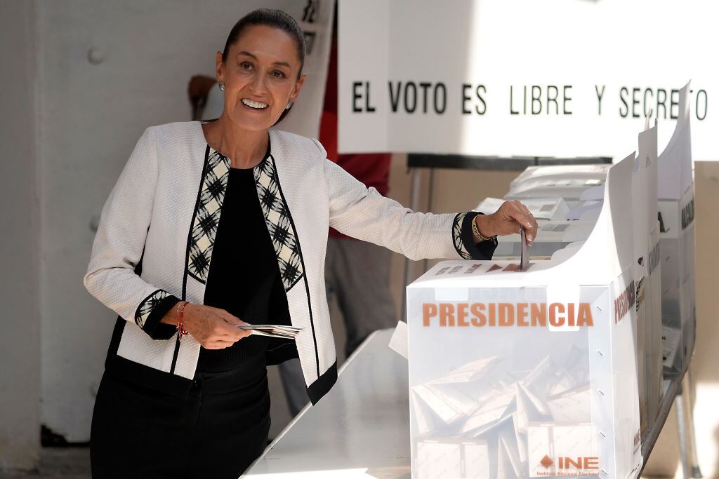 MEXICO CITY, MEXICO - JUNE 02: Presidential candidate Claudia Sheinbaum of ''Sigamos Haciendo Historia'' coalition casts her vote during the presidential elections at Alcaldia Tlalpan on June 02, 2024 in Mexico City, Mexico. According to the Instituto Nacional Electoral (INE) over 100 million people are allowed to vote on the 2024 Presidential Election in Mexico. Claudia Sheinbaum of the Sigamos Haciendo Historia coalition, Xochitl Galvez of Fuerza y Corazón por México coalition and Jorge Alvarez Maynez of Movimiento Ciudadano will participate as the candidates for the presidency. (Photo by Cristopher Rogel Blanquet/Getty Images)