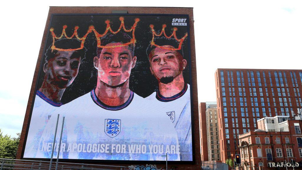 MANCHESTER, ENGLAND - JULY 14: A general view of the mural at Trafford Park is seen on July 14, 2021 in Manchester, England. A Giant mural in support of the three England footballers Marcus Rashford, Jadon Sancho and Bukayo Saka has been unveiled in Manchester. The England stars were targeted with racist abuse online after they missed penalties in the Euro 2020 final leading to defeat by Italy. (Photo by Charlotte Tattersall/Getty Images)