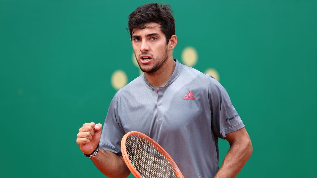 MONTE-CARLO, MONACO - APRIL 13: Cristian Garin of Chile celebrates winning a point in his mens singles match against Felix Auger-Aliassime of Canada during the first round on day three of the Rolex Monte-Carlo Masters at Monte-Carlo Country Club on April 13, 2021 in Monte-Carlo, Monaco. (Photo by Alexander Hassenstein/Getty Images)