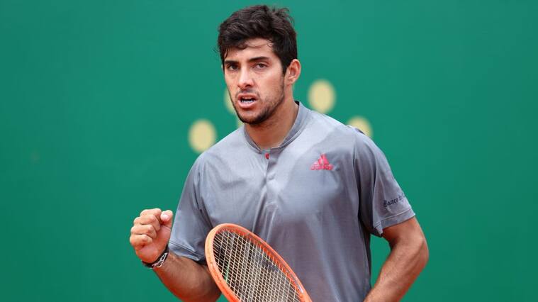 MONTE-CARLO, MONACO - APRIL 13: Cristian Garin of Chile celebrates winning a point in his mens singles match against Felix Auger-Aliassime of Canada during the first round on day three of the Rolex Monte-Carlo Masters at Monte-Carlo Country Club on April 13, 2021 in Monte-Carlo, Monaco. (Photo by Alexander Hassenstein/Getty Images)