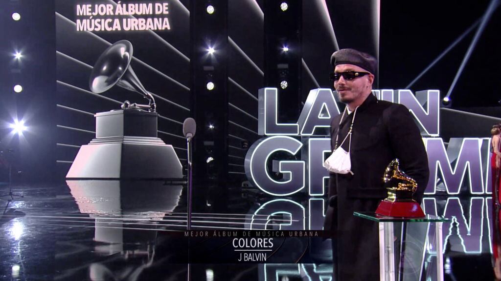 MIAMI, FLORIDA - NOVEMBER 19: In this screengrab, J Balvin accepts the Best Urban Music Album award for 'Colores' during The 21st Annual Latin GRAMMY Awards at American Airlines Arena on November 19, 2020 in Miami, Florida. (Photo by Mike Coppola/Getty Images for The Latin Recording Academy)
