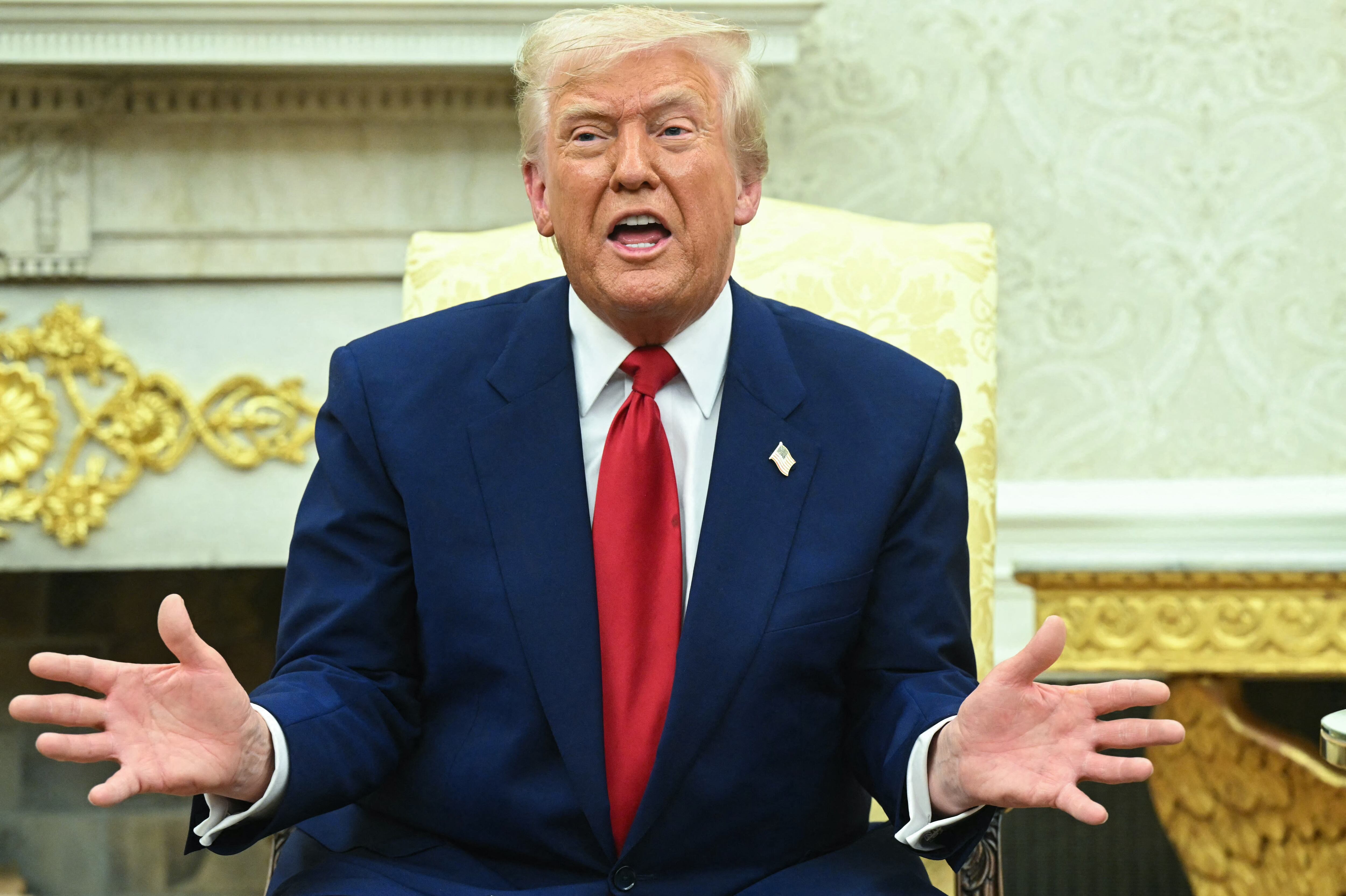 TOPSHOT - US President Donald Trump speaks during a meeting with Israeli Prime Minister Benjamin Netanyahu in the Oval Office of the White House in Washington, DC, on April 7, 2025. Israeli Prime Minister Benjamin Netanyahu was in Washington on Monday to meet Donald Trump, whom he will likely ask for a reprieve from US tariffs while seeking further backing on Iran and Gaza. (Photo by SAUL LOEB / AFP) (Photo by SAUL LOEB/AFP via Getty Images)