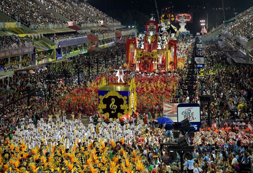 Performers from the Salgueiro samba school perform during the last night of Rio's Carnival parade at the Sambadrome Marques de Sapucai in Rio de Janeiro, Brazil, on February 24, 2020. (Photo by CARL DE SOUZA / AFP) (Photo by CARL DE SOUZA/AFP via Getty Images)