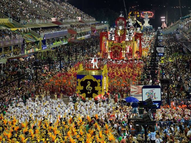 Performers from the Salgueiro samba school perform during the last night of Rio's Carnival parade at the Sambadrome Marques de Sapucai in Rio de Janeiro, Brazil, on February 24, 2020. (Photo by CARL DE SOUZA / AFP) (Photo by CARL DE SOUZA/AFP via Getty Images)
